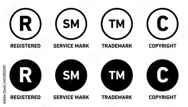 Fototapeta Copyright Icon Registered Icon Trademark icon Service mask Icon. Cm, r, sm, c, tm registration symbol set. Intellectual property right protected by business copyright or trademark registration vector 