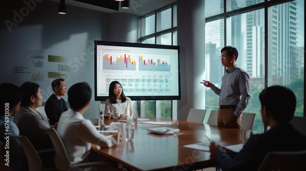 Fototapeta オフィスでプレゼンをするアジア人会社員