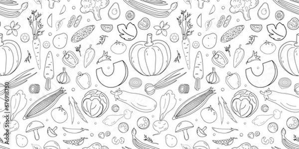 Obraz Seamless pattern with sketch of vegetables in hand drawn style like ink drawing.