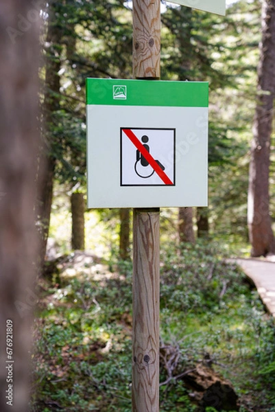 Fototapeta disability sign with a crossed out wheelchair in the forest. Universal accessibility conceptual pictogram. No passing