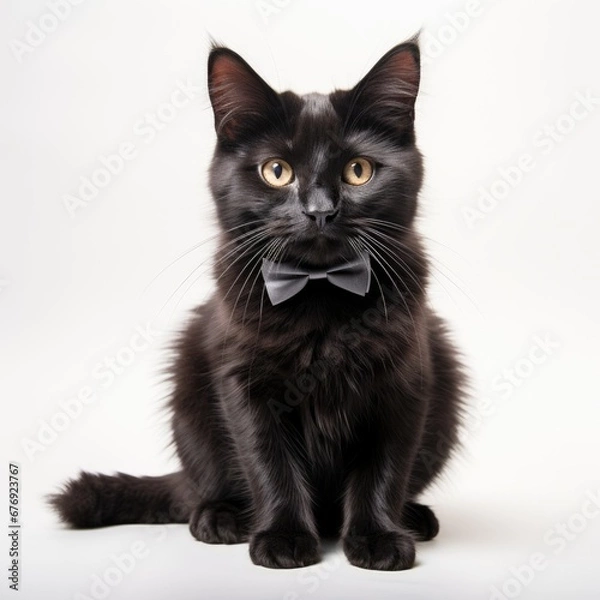 Fototapeta A black cat with a bow tie sitting down