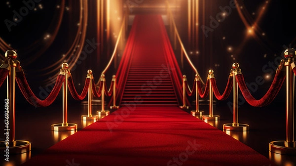 Fototapeta Red Event Carpet, Stair and Gold Rope Barrier Concept of Success and Triumph. Made with generative ai