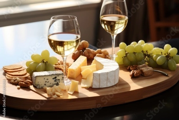 Obraz Romantic Evening. Exquisite Starter Selection, Cheese Assortment Plate Grapes and White Wine Pairing