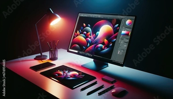 Fototapeta Graphic Designer Workspace with Digital Art Project