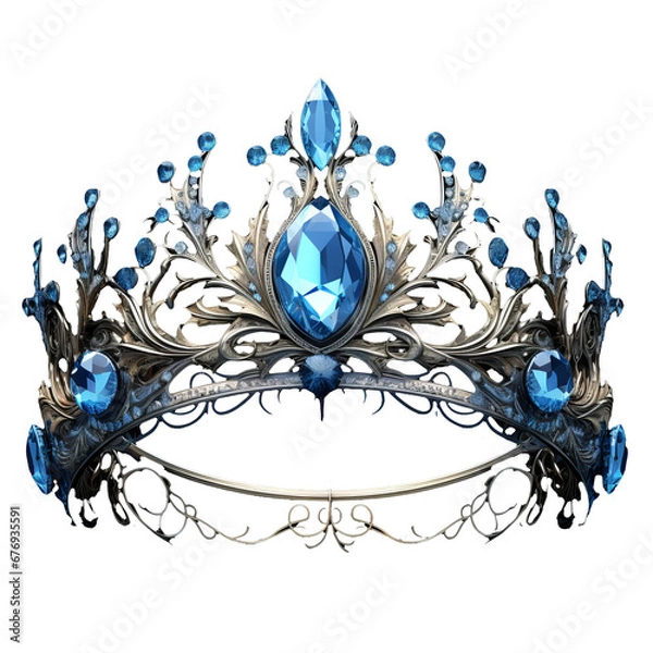 Fototapeta A stunning blue fantasy crown, beautifully decorated, floats on a transparent background, radiating elegance and regality.