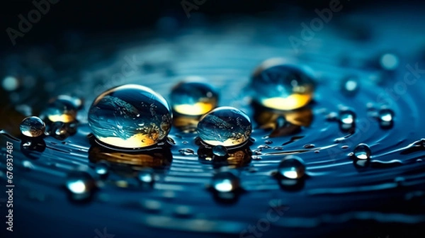 Obraz Abstract background with splashes, splashes and bubbles on the water surface with blue sky reflection.