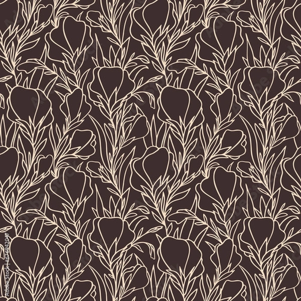 Fototapeta purple graphic pattern of large beige flowers on a brown background, seamless pattern, texture, design