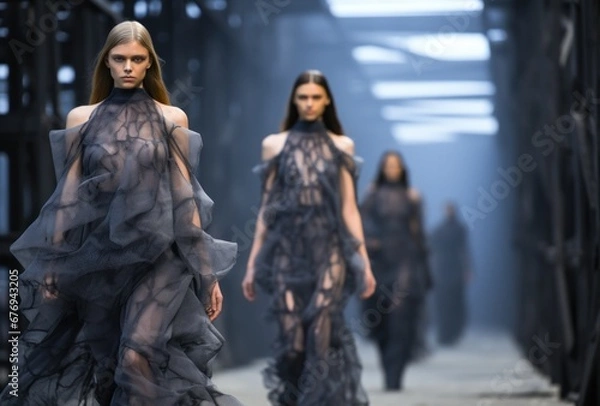 Fototapeta Elegant fashion models walking the runway in translucent designer gowns with a blurred background