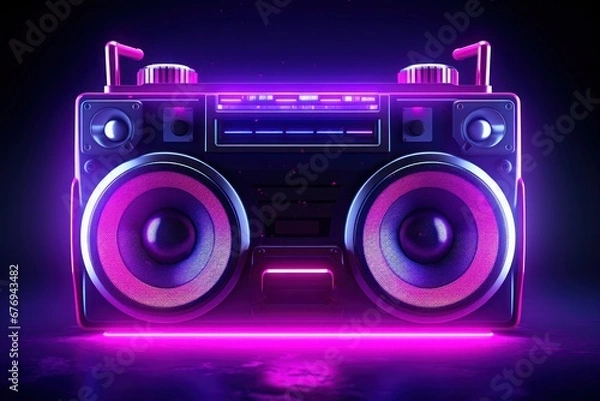 Fototapeta A 3d render of a neon glowing boombox with a dark background, showcasing vivid colors and lighting effects