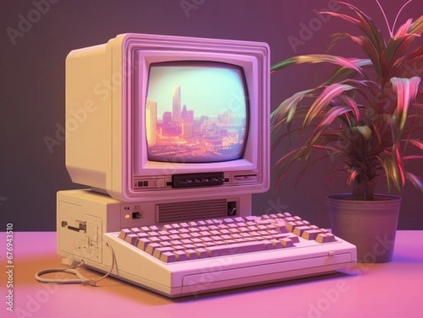 Fototapeta A retro computer setup featuring a classic monitor with an urban skyline illustration, evoking nostalgia
