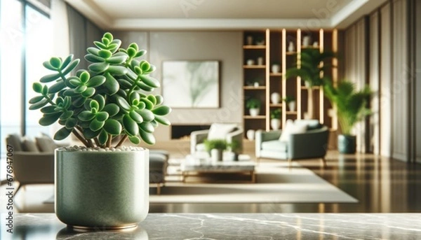 Obraz Horizontal professional photo of Crassula ovata (Jade Plant) in a modern pot on marble surface, contemporary interior, blurred background.
