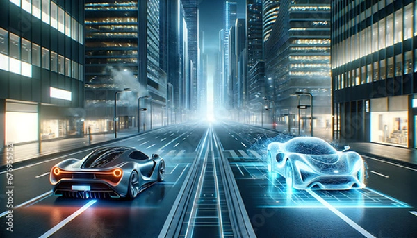 Obraz Digital twin concept of physical and holographic car. 