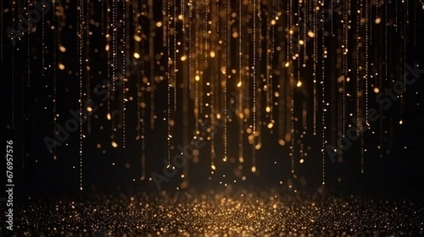 Fototapeta Golden glitter rain, gold particles glow with falling snow bokeh light effect. Golden sparks splash, shimmer glow flow on black background. Magic concept. New Year concept. Celebrate concept.