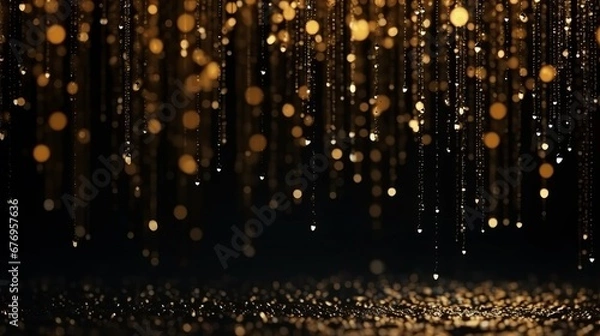 Fototapeta Golden glitter rain, gold particles glow with falling snow bokeh light effect. Golden sparks splash, shimmer glow flow on black background. Magic concept. New Year concept. Celebrate concept.