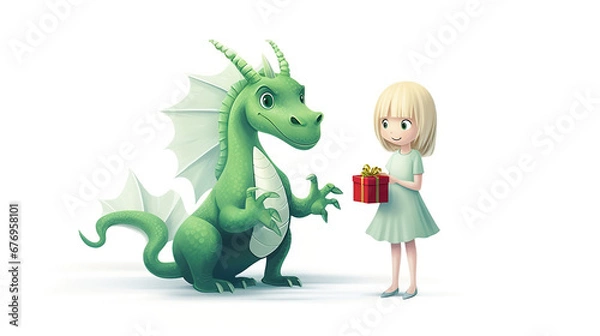 Obraz Dragon and little girl with gift