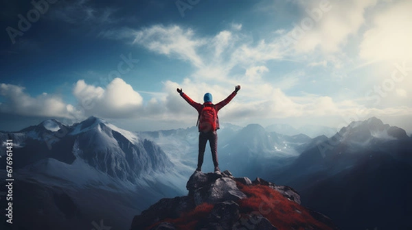 Obraz Man with red hiking gear standing on top of a peak with with arms up, inspiring achievement & freedom, facing a vast natural landscape with snowy mountains & blue sky