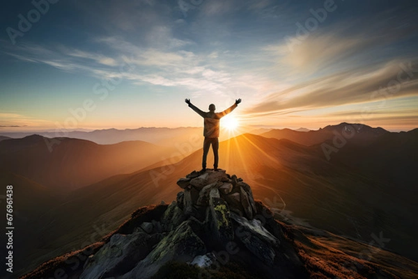 Obraz Man standing on top of a peak with open arms, kissed by the rays of a rising sun, facing a vast mountain landscape, inspiring freedom and achievement