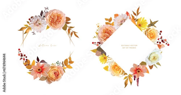 Fototapeta Fall leaves flowers wreath frame set. Autumn wedding invite, Thanksgiving greeting card design. Watercolor vector floral bouquet. Peach yellow rose, dahlia, red berries, orange eucalyptus illustration