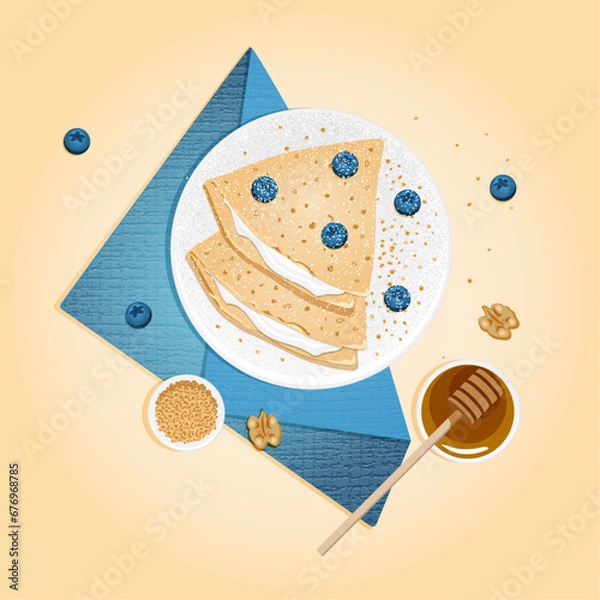 Obraz pancakes with cottage cheese, honey and blueberries.