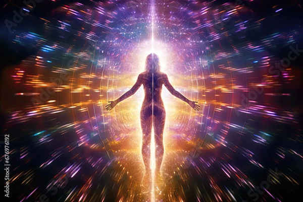 Fototapeta Quantum field grid of colorful light particles surrounding a human form 