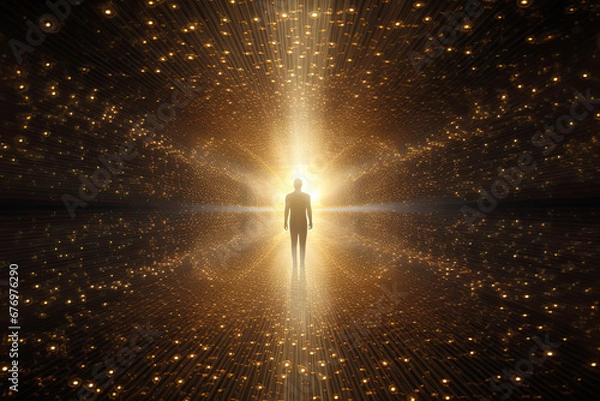 Fototapeta Quantum field grid of golden light particles surrounding a human form