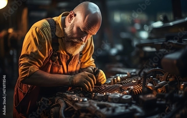 Fototapeta A mechanic is working on a car's broken engine in a garage, performing maintenance with a wrench,