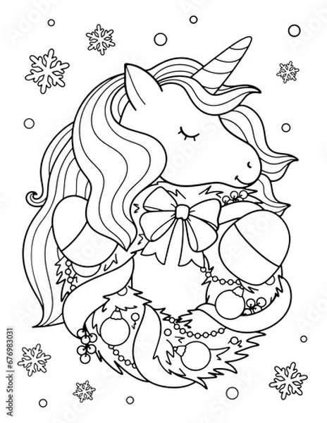 Obraz Merry Christmas unicorn coloring. Hand drawn vector illustration. Magical animal. Coloring book pages for adults and kids. 
Unicorn with Christmas wreath, snowflakes