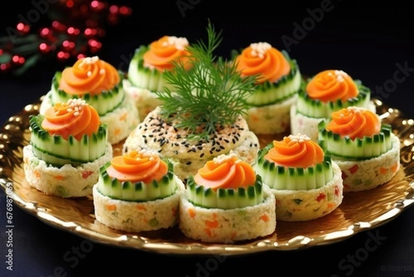 Fototapeta Appetizers with rice, cucumber, and salmon on a gold plate