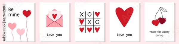 Obraz Valentine's day hand drawn greeting cards collection. Simple design with heart shaped balloons, envelope, tic-tac-toe love game, cherries.