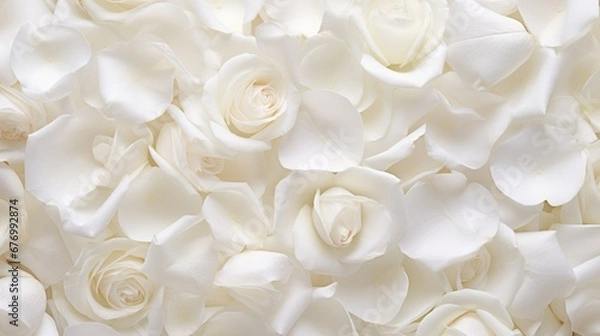 Fototapeta Beautiful white rose petals as background, top view