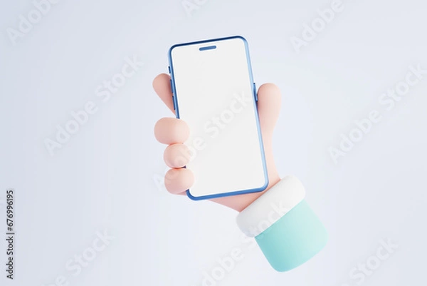 Fototapeta 3D rendering Cute cartoon hand holding a smartphone hand using telephone