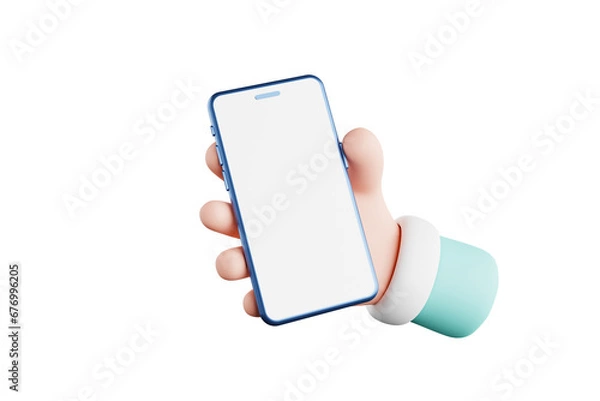 Fototapeta 3D rendering Cute cartoon hand holding a smartphone hand using telephone
