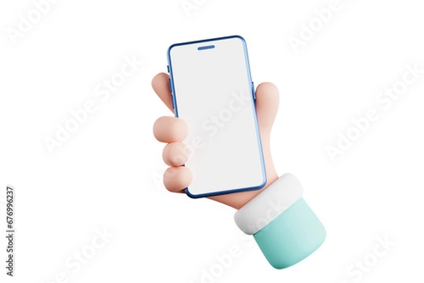 Fototapeta 3D rendering Cute cartoon hand holding a smartphone hand using telephone