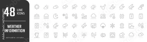 Fototapeta Weather informationLine Editable stoke Icons set. Vector illustration in modern thin lineal icons types: Cloudy Day, Cloudy, Sun, Cloudy Rain, Cloudy Storm,  and more.