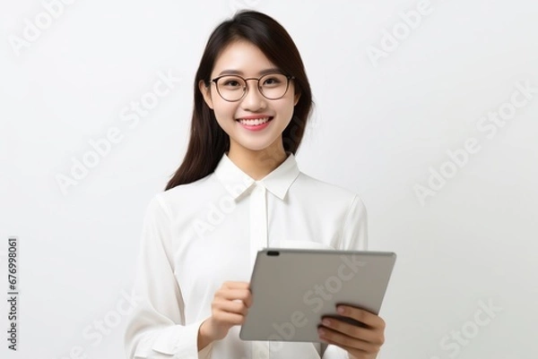 Obraz Image of young asian woman company worker in glasses smiling and holding digital tablet standing over white background, generative ai