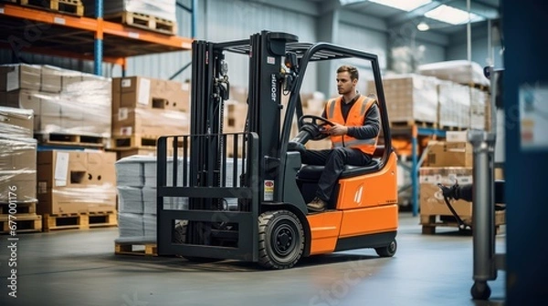 Fototapeta A Portrait of a professional industrial worker driving a forklift, a team of quality control staff storing goods, shelving, Warehouse Workshop for factory workers, quality control engineers.