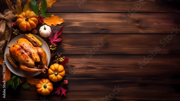 Fototapeta Top view of traditional Thankgiving turkey dinner on a dark wood banner background with copy space.