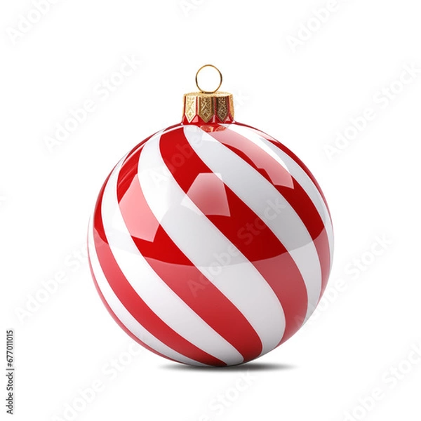 Fototapeta Red striped shiny Christmas ball decoration isolated on transparent or white background, png