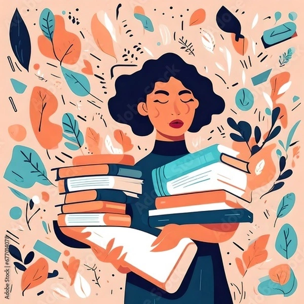 Fototapeta Abstract flat colored illustration of a young woman reading. and holding a stack of books. World Book Day graphic.