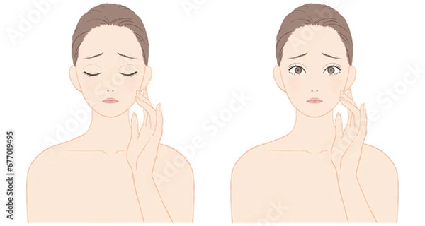 Obraz スキンケアをする女性　ネガティブな表情セット