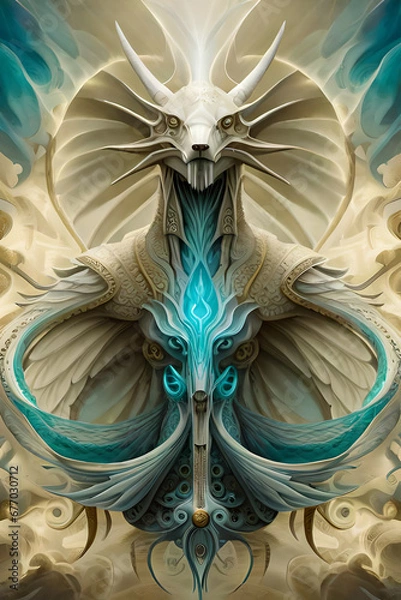 Fototapeta A painting of a man with a blue mask and horns.