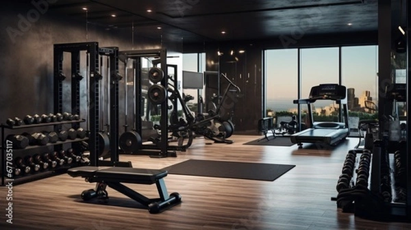 Fototapeta A sleek home gym with mirrored walls, high-tech exercise equipment, and a motivational wall displaying fitness quotes. 