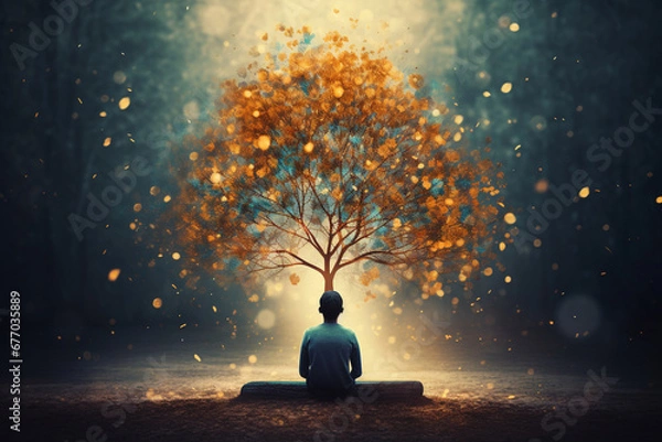 Fototapeta Explore mental well-being through art meditating figure, abstract tree emerging, leaves symbolizing mindful thoughts. Visualization of self-reflection and mindfulness for a serene mind.