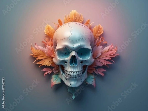 Fototapeta blue human skull with leaves, blank background, for design, isolated