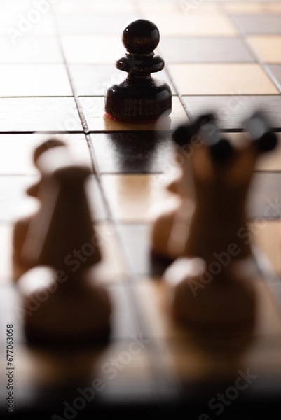 Fototapeta I am in front of you.
Black pawn in front of white pieces. White and black pieces on chess board. white side view