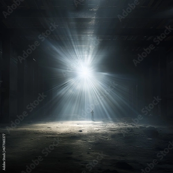 Fototapeta A ray of bright light in a dark room and a person standing beneath it. Generative AI