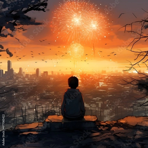 Fototapeta Children sitting and watching fireworks. Generative AI