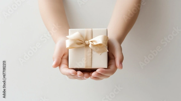 Obraz リボンでラッピングされた白くて小さなギフトボックス。子供が両手で持っている。