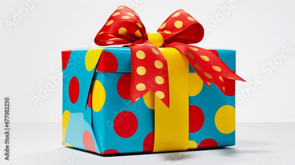 Obraz 赤と黄色のドットが描かれた水色のギフトボックス。赤いリボンはゴールドのドット模様。