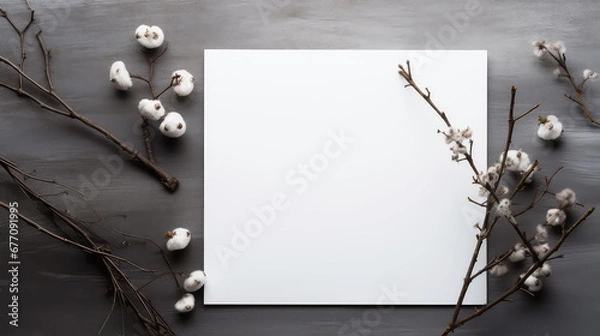 Obraz Empty white paper on a minamalist wooden  gray  table , view  from top, flatlay, dried botanicals 